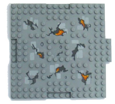 LEGO onderdeel Brick, Modified 16 x 16 x 2/3 with 1 x 4 Indentations and 1 x 4 Plate with Cracks and Lava Pattern (15623pb003)