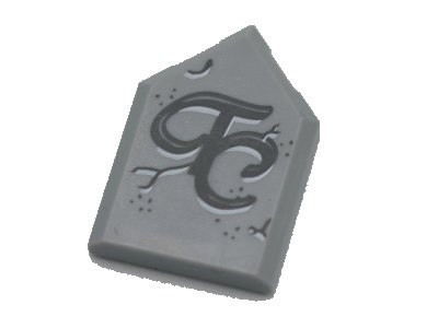 LEGO part Tile, Modified 2 x 3 Pentagonal with Dark Bluish Gray 'TC' and Dark Bluish Gray Cracks Pattern (22385pb190)