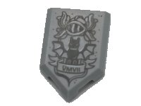 LEGO onderdeel Tile, Modified 2 x 3 Pentagonal with Dark Bluish Gray 'VMVII' (6007) and Dark Bluish Gray Helmet Pattern 22385pb191