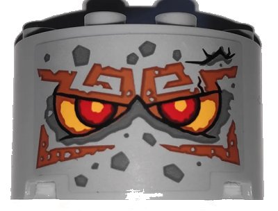 LEGO onderdeel Cylinder Half 2 x 4 x 2 with 1 x 2 Cutout with Stone Face with Red Eyes and Dark Orange Eyebrows Pattern (Sticker) - Set 71747 (24593pb12)