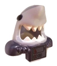 LEGO part Minifigure, Headgear Mask Shark Head with Open Mouth with White Teeth, Black Eyes, Pearl Dark Gray Shoulder Pads and Front Panel and Battery Pattern 25113pb02