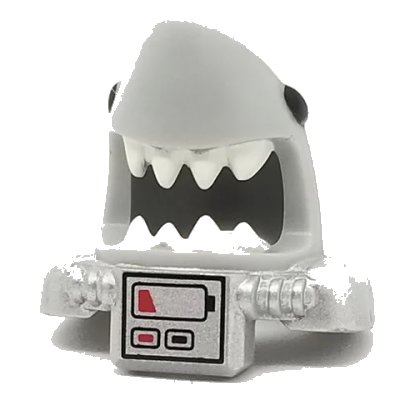 LEGO onderdeel Minifigure, Headgear Mask Shark Head with Open Mouth with White Teeth, Black Eyes, Metallic Silver Shoulder Pads and Front Panel and Battery Pattern (25113pb03)
