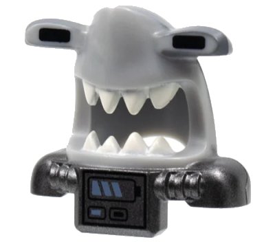 LEGO onderdeel Minifigure, Headgear Mask Shark Head with Dark Bluish Gray Back, Extended Eyes, White Teeth, Pearl Dark Gray Shoulder Pads, and Front Battery Panel Pattern (25114pb01)