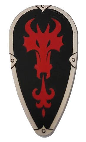 LEGO onderdeel Minifigure, Shield Ovoid with Red Fire Breathing Dragon Head on Black Background Pattern (2586pb007)