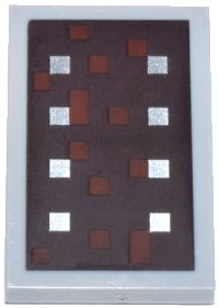 LEGO part Tile 2 x 3 with 8 Silver Squares and Dark Orange Squares on Dark Brown Background Pattern (Minecraft Shield) 26603pb008