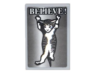 LEGO onderdeel Tile 2 x 3 with Kitten Dangling and White 'BELIEVE!' Pattern (Sticker) - Set 70620 (26603pb011)