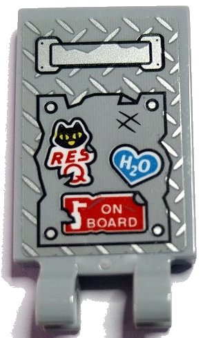 LEGO part Baldosa, Modificada 2 x 3 con 2 Clips O Abiertos con Asa de Plata y Placa de Tracción, Cara de Gato Negro, 'RES Q', Corazón Azul Oscuro con 'H2O', Extinguidor de Fuego Blanco y Patrón de Cartel Rojo 'ON BOARD' (Pegatina) - Set 70436 (30350bpb183)