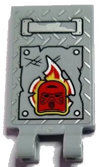 LEGO onderdeel Tile, Modified 2 x 3 with 2 Open O Clips with Silver Handle and Tread Plate, Red, White and Gold Flames and Bionicle Mask Hau Pattern (Sticker) - Set 70436 30350bpb184