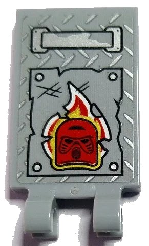 LEGO onderdeel Tile, Modified 2 x 3 with 2 Open O Clips with Silver Handle and Tread Plate, Red, White and Gold Flames and Bionicle Mask Hau Pattern (Sticker) - Set 70436 (30350bpb184)