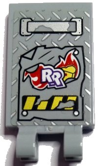 LEGO part Tile, Modified 2 x 3 with 2 Open O Clips with Silver Handle and Tread Plate, Red Flames, White 'RR' with Dark Purple Outline and Damaged Black and Yellow Danger Stripes Pattern (Sticker) - Set 70436 30350bpb185