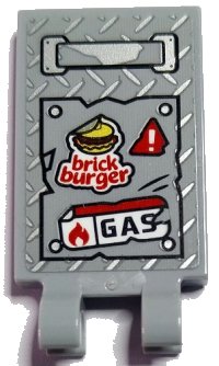 LEGO part Tile, Modified 2 x 3 with 2 Open O Clips with Silver Handle and Tread Plate, White Exclamation Mark in Red Warning Triangle, 'brick burger', Flame and 'GAS' Pattern (Sticker) - Set 70436 30350bpb186