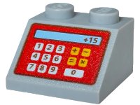 LEGO part Slope 45 2 x 2 with Red Cash Register and '+15' Pattern 3039pb062