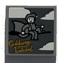 LEGO part Tile 2 x 2 with Clouds, Minifigure on Broom, Gold Script 'Gilderoy Lockhart' Pattern (Sticker) - Set 76389 3068pb1810