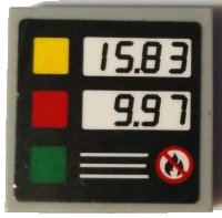 LEGO part Tile 2 x 2 with Yellow, Red, and Green Squares, Black '15.83' and '9.97' Pattern (Sticker) - Set 60132 3068pb1886
