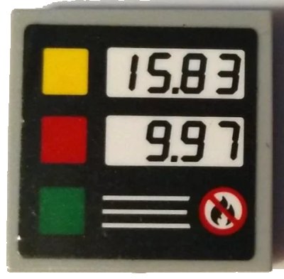 LEGO onderdeel Tile 2 x 2 with Yellow, Red, and Green Squares, Black '15.83' and '9.97' Pattern (Sticker) - Set 60132 (3068pb1886)
