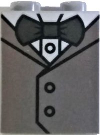LEGO part Brick 1 x 2 x 2 with Inside Stud Holder with White Shirt, Metallic Silver Vest and Dark Bluish Gray Bow Tie Pattern (BrickHeadz Groom) 3245cpb113