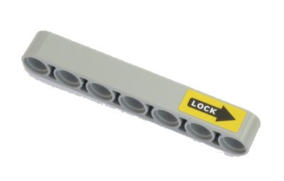 LEGO part Technic, Liftarm Thick 1 x 7 with White 'LOCK' on Black Arrow on Yellow Background Pattern (Sticker) - Set 42043 (32524pb031)