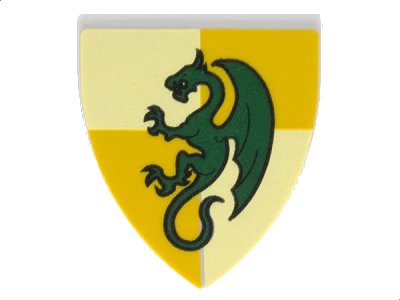 LEGO onderdeel Minifigure, Shield Triangular  with Dark Green Dragon on Bright Light Yellow and Ochre Quarters Background Pattern (3846pb028)
