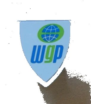 LEGO onderdeel Minifigure, Shield Triangular  with Globe and 'wgp' World Grand Prix Logo Pattern (Sticker) - Set 8423 (3846pb030)