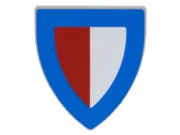 LEGO onderdeel Minifigure, Shield Triangular  with Blue Border and Red and White Halves Pattern 3846pb065