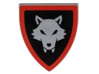 LEGO part Minifigure, Shield Triangular Short with Silver Wolfpack Almond Eyes, Red Border around Black Background Pattern 3846pb077
