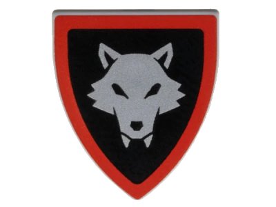 LEGO onderdeel Minifigure, Shield Triangular Short with Silver Wolfpack Almond Eyes, Red Border around Black Background Pattern (3846pb077)