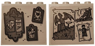 LEGO part Brick 1 x 4 x 3 with Gray Paintings, Letter Holder with List, Drawings of Dragons, Zombie and Castle Pattern on Both Sides (Stickers) - Set 75810 (49311pb009)