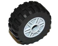 LEGO part Wheel 18mm D. x 14mm with Pin Hole, Fake Bolts and Shallow Spokes with Black Tire 30.4 x 14 Offset Tread - Band Around Center of Tread (55981 / 92402) 55981c05