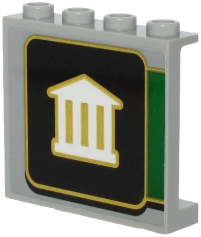 LEGO onderdeel Panel 1 x 4 x 3 with Side Supports - Hollow Studs with White Bank Logo with Gold Outline on Black Background Pattern (Sticker) - Set 60245 (60581pb136)