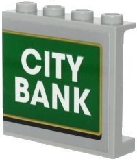 LEGO onderdeel Panel 1 x 4 x 3 with Side Supports - Hollow Studs with White 'CITY BANK' on Green Background with Gold Outline Pattern (Sticker) - Set 60245 60581pb137