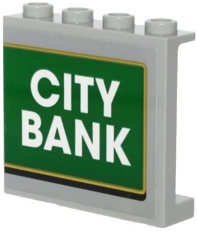 LEGO onderdeel Panel 1 x 4 x 3 with Side Supports - Hollow Studs with White 'CITY BANK' on Green Background with Gold Outline Pattern (Sticker) - Set 60245 (60581pb137)