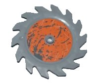 LEGO part Technic Circular Saw Blade 9 x 9 with Pin Hole and Teeth in Same Direction with Splatter and Scratches on Orange Background Outside Pattern (Sticker) - Sets 8708 / 8963 61403pb02L