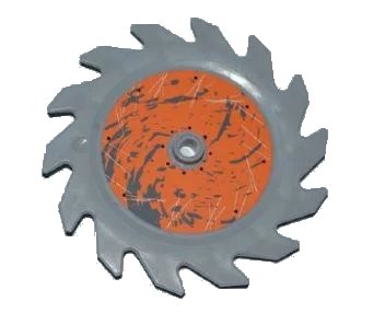 LEGO onderdeel Technic Circular Saw Blade 9 x 9 with Pin Hole and Teeth in Same Direction with Splatter and Scratches on Orange Background Outside Pattern (Sticker) - Sets 8708 / 8963 (61403pb02L)