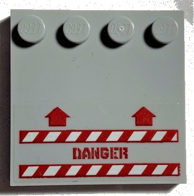 LEGO onderdeel Tile, Modified 4 x 4 with Studs on Edge with 2 Arrows, 'DANGER', and Red and White Danger Stripes Pattern (Sticker) - Set 70631 (6179pb207)