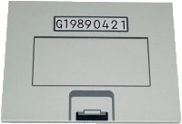 LEGO part Tile 6 x 8 with Dark Bluish Gray and Black Catch, Rectangle, and Dark Blue 'G19890421' on Silver Background Pattern 6320pb001