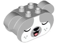 LEGO part Duplo, Brick 2 x 6 x 2 1/2 Oval Ends, Rounded Ears on Sides with Black Nose, Coral Tongue, White Face with Whiskers, and Open Eyes / Closed Eyes Pattern 84196pb01