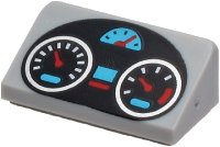 LEGO part Slope 30 1 x 2 x 2/3 with Black Oval Dashboard with Silver, Medium Azure and Red Gauges Pattern 85984pb289