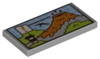 LEGO part Tile 2 x 4 with Screen with Black Flying Dinosaur (Pteranodon), Communications Tower, Erupting Volcano, Orange Lava, and Exclamation Mark Pattern 87079pb0483