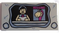 LEGO part Tile 2 x 4 with Stone Television Set, News Anchor and Missing Dino Pattern 87079pb0562
