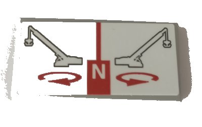 LEGO part Tile 2 x 4 with Capital Letter N, Red Circular Arrows, and Technic Crane Cab Movement on White Background Pattern (Sticker) - Set 42082 (87079pb0606)