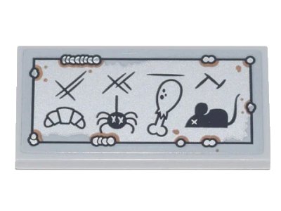 LEGO onderdeel Tile 2 x 4 with Menu of Croissant, Spider, Drumstick, Mouse and Metal Scratches and Rivets with Rust Pattern (Sticker) - Set 70840 (87079pb0867)