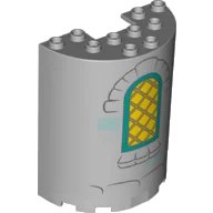 LEGO part Cylinder Half 3 x 6 x 6 with 1 x 2 Cutout with Yellow Curved Lattice Window with Dark Turquoise Frame and Dark Bluish Gray Bricks Pattern 87926pb025