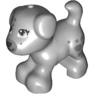 LEGO onderdeel Dog, Friends, Puppy, Standing with Black Nose and Mouth, Dark Bluish Gray Muzzle and Spots on Face and Side Pattern (Sky) (93088pb05)