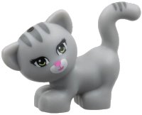 LEGO part Cat, Friends, Standing and Looking Left with Yellowish Green Eyes, Dark Pink Nose and Mouth, Dark Bluish Gray Stripes, and White Muzzle Pattern (Maxie) 93089pb01