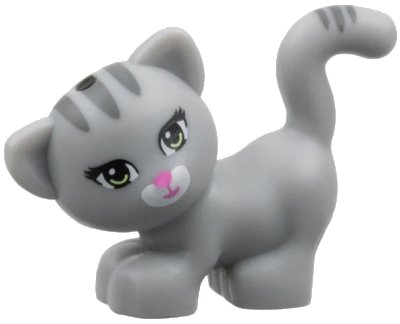 LEGO onderdeel Cat, Friends, Standing and Looking Left with Yellowish Green Eyes, Dark Pink Nose and Mouth, Dark Bluish Gray Stripes, and White Muzzle Pattern (Maxie) (93089pb01)