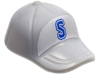 LEGO part Minifigure, Headgear Cap - Short Curved Bill with Seams and Button on Top with Blue Capital Letter S on White Background Pattern 93219pb05
