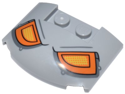 LEGO part Wedge 3 x 4 x 2/3 Triple Curved with Orange and Yellow Headlights / Eyes Pattern (93604pb015)