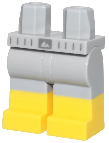 LEGO onderdeel Hips and Legs with Molded Yellow Lower Legs / Boots and Printed Dark Bluish Gray Waistband and Mountains Logo Pattern (970c00pb1569)