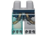 LEGO part Hips and 1 Light Bluish Gray Left Leg, 1 Trans-Light Blue Right Leg with Dark Blue Armor with Scales, Dark Tan Straps and Gray Talons Pattern 970d25pb01
