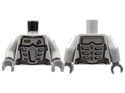 LEGO onderdeel Torso Power Miners Silver Body Armor Front and Back, Drill on Upper Left Pattern / Light Bluish Gray Arms / Dark Bluish Gray Hands (973pb0616c01)